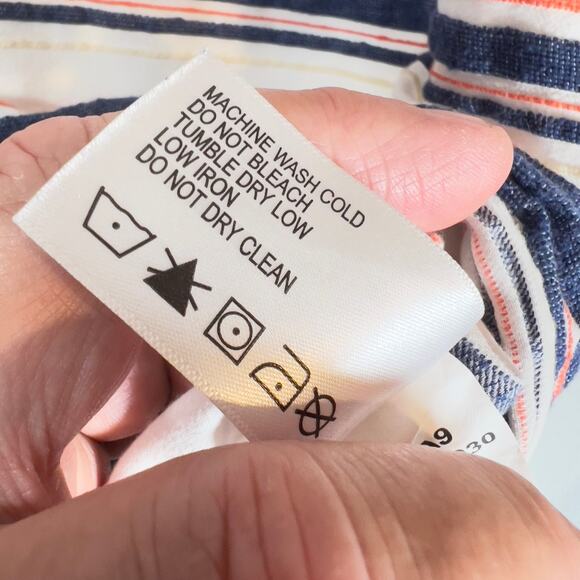 Orvis Button Shirt Men's XXL White Blue Orange Stripe Short Sleeve Linen Feel - Picture 10 of 12